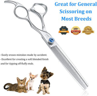 7" 50 Teeth Thinning Dog Grooming Blending Scissor, Ergonomic Pet Grooming Thinner Blender Shears Cat Trimming Texturizing Kit with Offset Handle and a Jewelled Screw, 30% Thinning Rate.