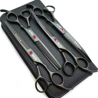7.0In Titanium Black Professional Pet Grooming Scissors Set,Straight & Thinning & Curved Scissors 4Pcs Set for Dog Grooming,(Black).