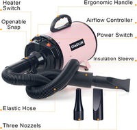 Dog Dryer for Pet Grooming, High Velocity Pet Hair Dryer with Heater, Adjustable Speed, 3 Nozzles and a Comb, Pink.