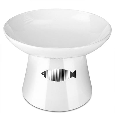 Cat Raised Food/Water Bowl for Elder Big Cats, Non-Skid 4.8X6.4In Premium Ceramic Cat Bowls with Stand, Sturdy and Anti-Fall… (White).
