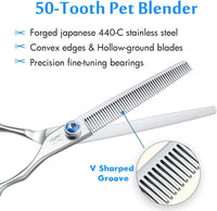 7" 50 Teeth Thinning Dog Grooming Blending Scissor, Ergonomic Pet Grooming Thinner Blender Shears Cat Trimming Texturizing Kit with Offset Handle and a Jewelled Screw, 30% Thinning Rate.