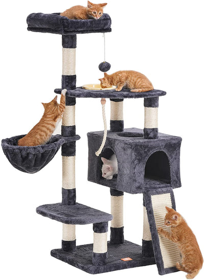 Cat Tree, Cat Tower for Indoor Cats with Scratching Board, Multi-Level Cat Furniture Condo with Feeding Bowl, Smoky Gray HCT010G.