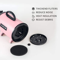 Dog Dryer for Pet Grooming, High Velocity Pet Hair Dryer with Heater, Adjustable Speed, 3 Nozzles and a Comb, Pink.