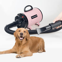 Dog Dryer for Pet Grooming, High Velocity Pet Hair Dryer with Heater, Adjustable Speed, 3 Nozzles and a Comb, Pink.