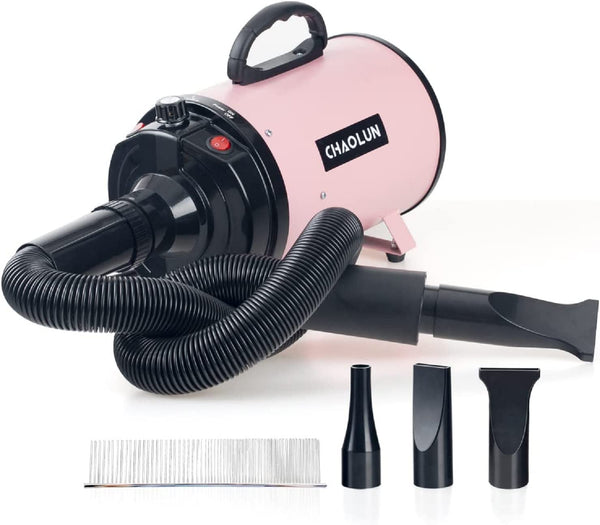 Dog Dryer for Pet Grooming, High Velocity Pet Hair Dryer with Heater, Adjustable Speed, 3 Nozzles and a Comb, Pink.