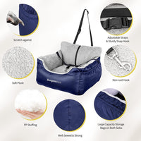 Dog Car Seat for Small Dogs, Fully Detachable and Washable Cat Carseats under 25 Lbs, Soft Pet Booster Seats with Storage Pockets and Clip-On Leash Portable Car Travel Carrier Bed, Blue.