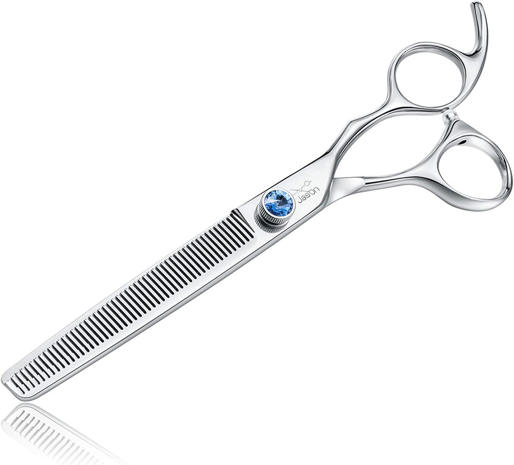 7" 50 Teeth Thinning Dog Grooming Blending Scissor, Ergonomic Pet Grooming Thinner Blender Shears Cat Trimming Texturizing Kit with Offset Handle and a Jewelled Screw, 30% Thinning Rate.