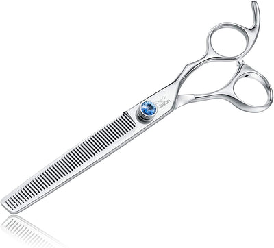 7" 50 Teeth Thinning Dog Grooming Blending Scissor, Ergonomic Pet Grooming Thinner Blender Shears Cat Trimming Texturizing Kit with Offset Handle and a Jewelled Screw, 30% Thinning Rate.