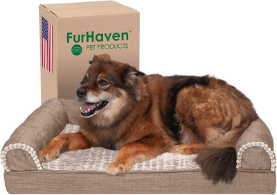 Cooling Gel Dog Bed for Large/Medium Dogs W/ Removable Bolsters & Washable Cover, for Dogs up to 55 Lbs - Luxe Faux Fur & Performance Linen Sofa - Woodsmoke, Large.