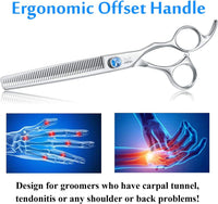 7" 50 Teeth Thinning Dog Grooming Blending Scissor, Ergonomic Pet Grooming Thinner Blender Shears Cat Trimming Texturizing Kit with Offset Handle and a Jewelled Screw, 30% Thinning Rate.