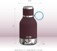 Buddy Bottle a Stainless Steel Insulated Water Bottle for with Removable Dog Water Bowl and Dog Food and Treat Storage Bowl (Burgundy, 37 Oz Water Bottle with Bowl)