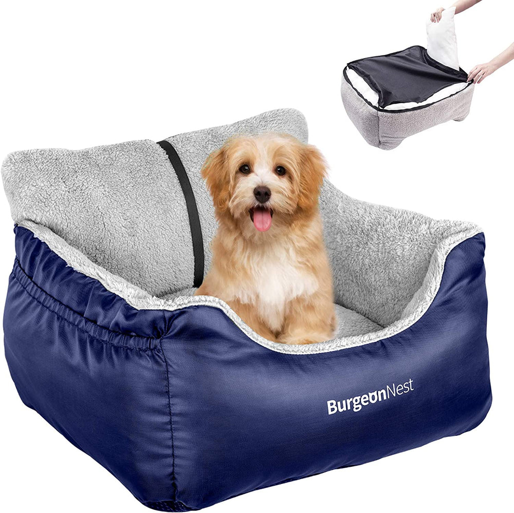 Dog Car Seat for Small Dogs, Fully Detachable and Washable Cat Carseats under 25 Lbs, Soft Pet Booster Seats with Storage Pockets and Clip-On Leash Portable Car Travel Carrier Bed, Blue.