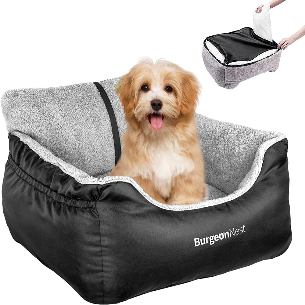 Dog Car Seat for Small Dogs, Soft Pet Car Travel Home Bed under 25 Lbs, Fully Detachable and Washable Cat Booster Carseats with Storage Pockets and Clip-On Leash Portable Carrier,Black.