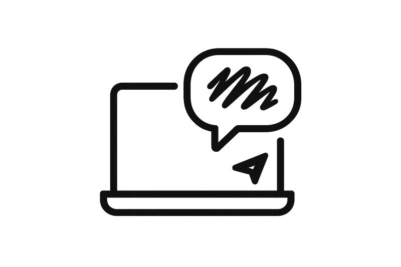 make a black logo of a picture of a laptop with a comment bubble on it with scribbles in it and a send button at the bottom right of the laptop