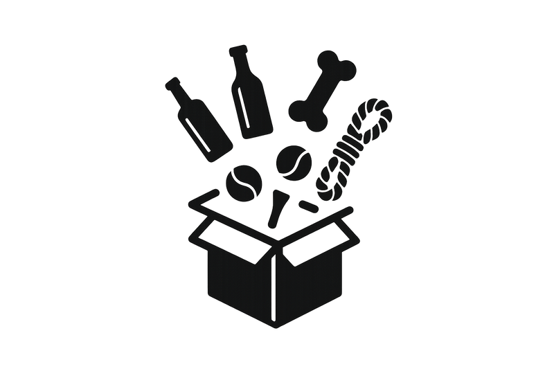 make a logo of a box and products of bottles and dog toys entering the box and make it black